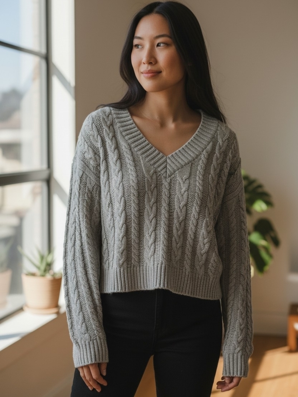 Love Tree Gray Cable Knit V-Neck Sweater Cropped